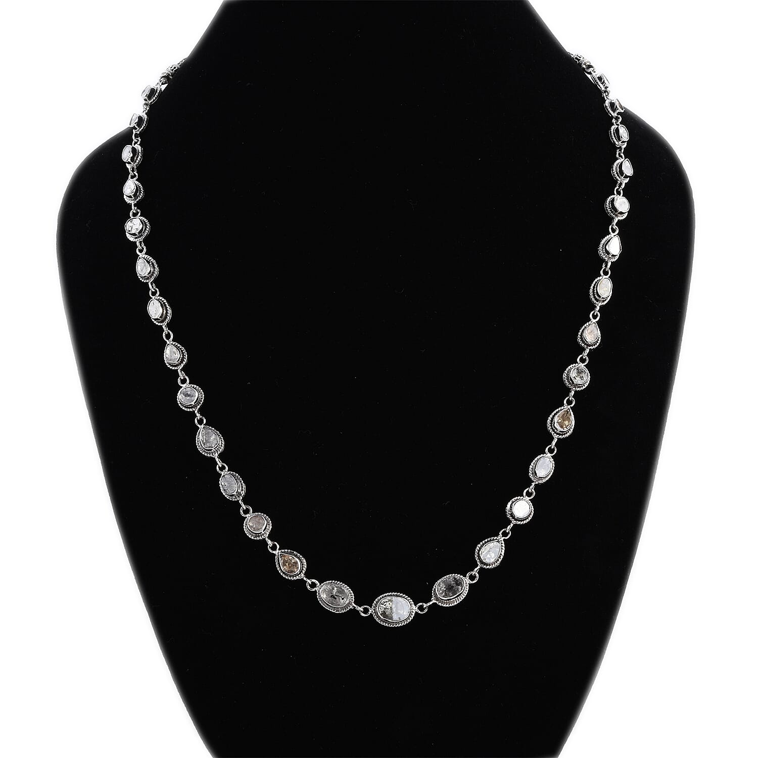 Salt and Pepper Couture Polki Diamond Toggle Clasp Necklace 22 Inches in Sterling Silver 46 Grams 10.50 ctw