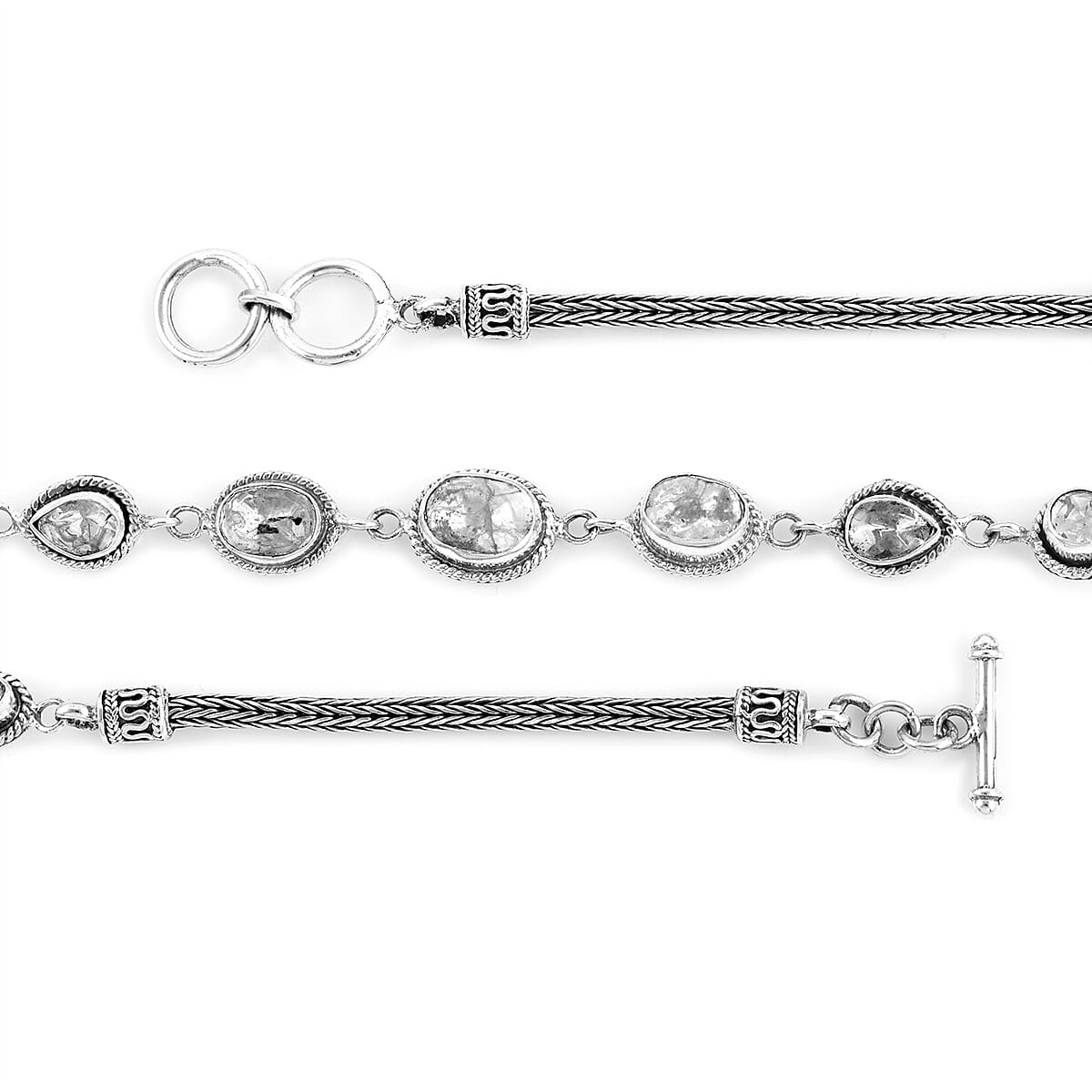 Salt and Pepper Couture Polki Diamond Toggle Clasp Necklace 22 Inches in Sterling Silver 46 Grams 10.50 ctw