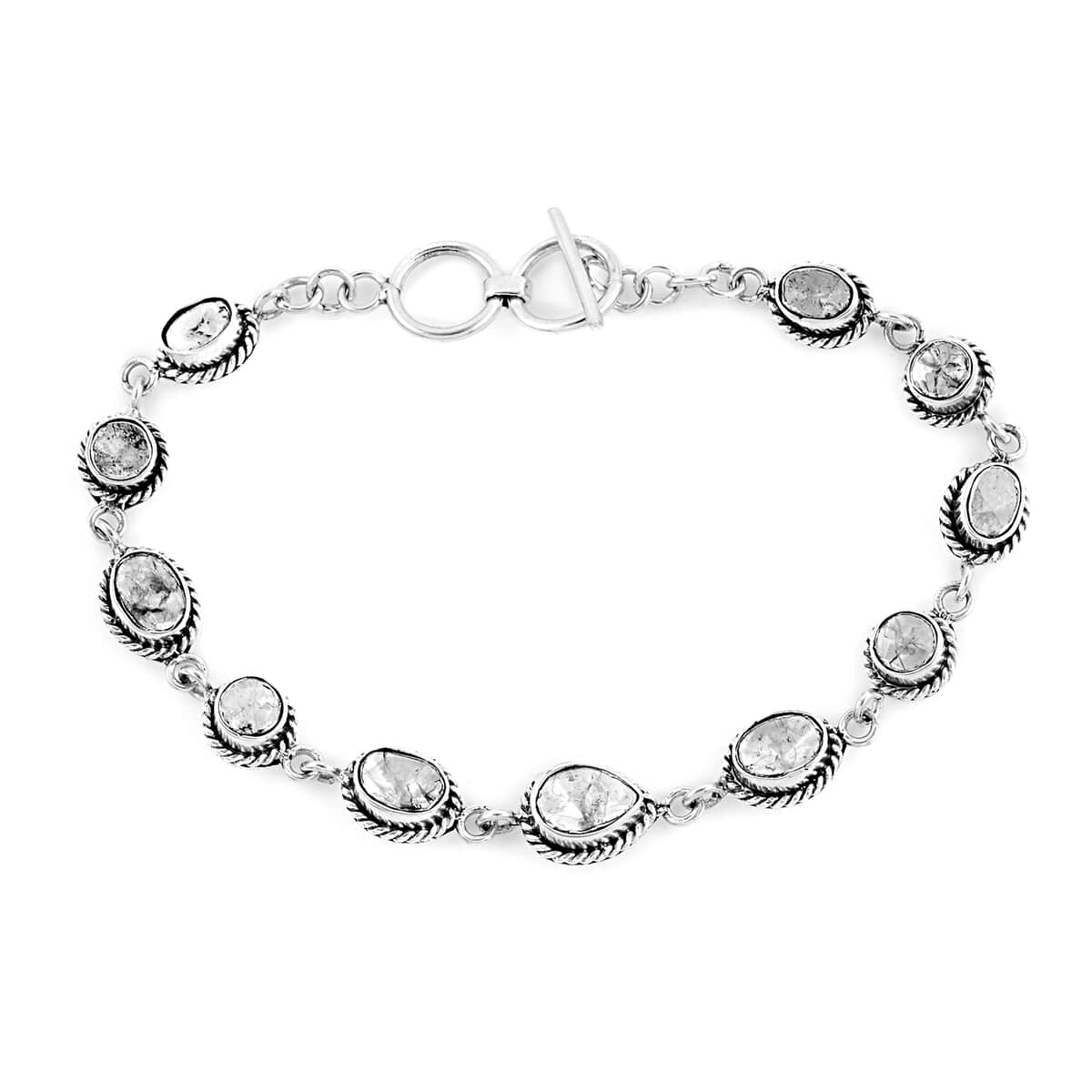 Salt and Pepper Couture Polki Diamond Toggle Clasp Bracelet in Sterling Silver (7.50-8.25In) 20 Grams 5.00 ctw image number 0