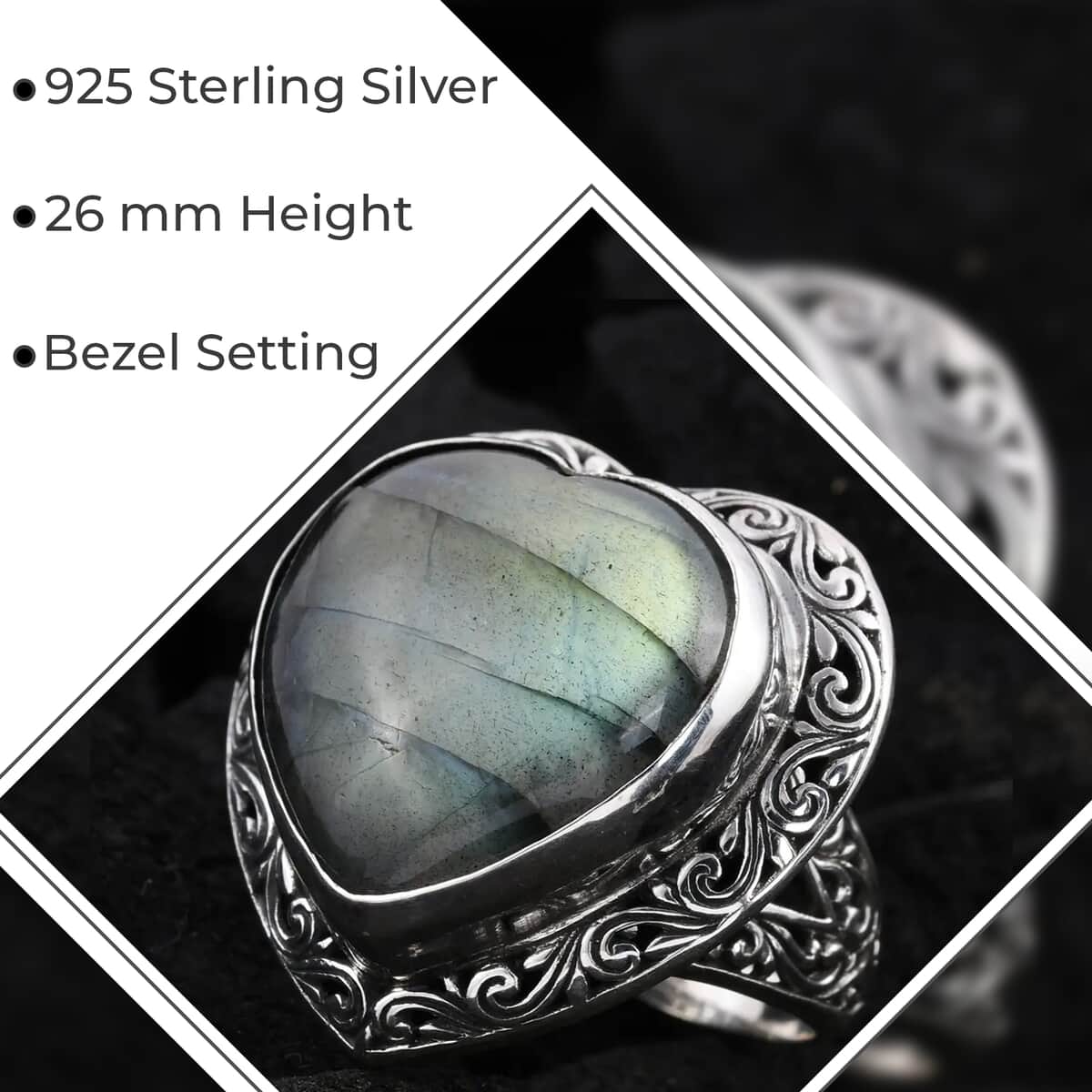 Bali Legacy Malagasy Labradorite Heart Ring, Sterling Silver Ring, Labradorite Ring, Gifts For Her 30.75 ctw (Size 6.0) image number 2