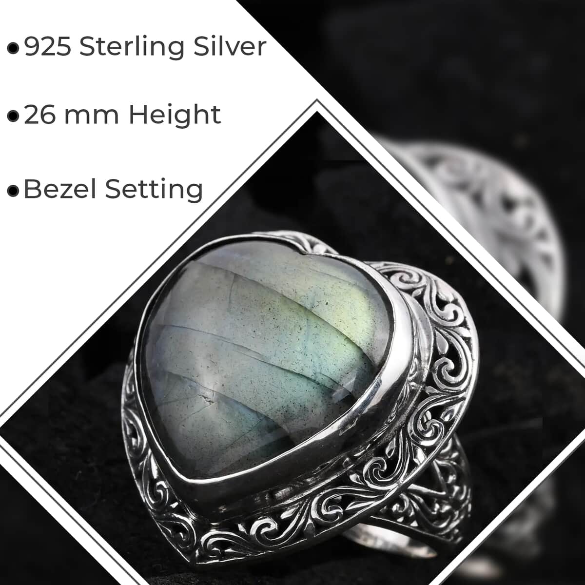 Bali Legacy Malagasy Labradorite Heart Ring, Sterling Silver Ring, Labradorite Ring, Gifts for Her 37.15 ctw (Size 8.0) image number 2