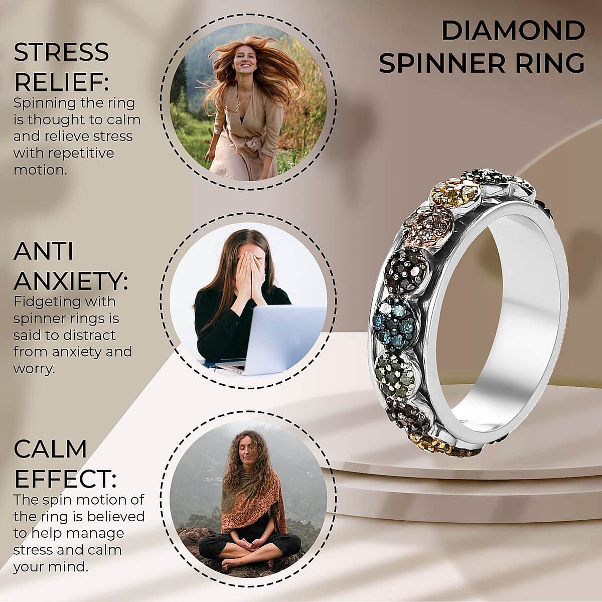 Multi Diamond Spinner Ring , Multi Diamond Floral Ring ,Rhodium and Platinum Over Sterling Silver Ring , Spinner Band Ring , Multi Diamond Ring , Diamond Fidget Ring 1.00 ctw image number 3