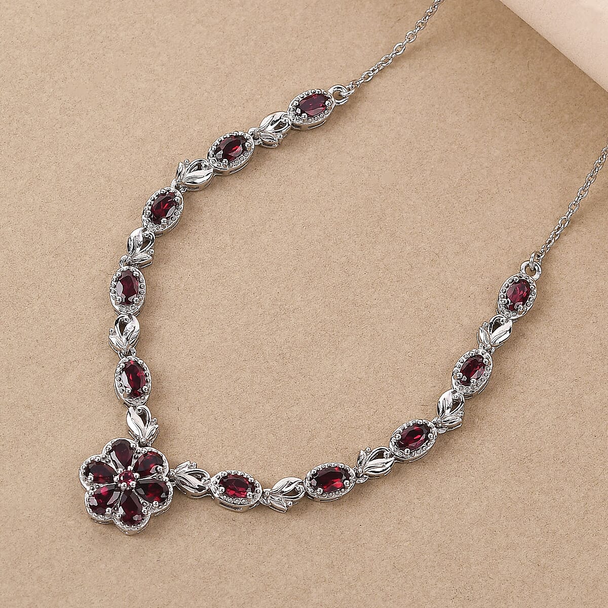 Anthill Garnet Flower Necklace 18 Inches in Platinum Over Sterling Silver 10.15 Grams 4.15 ctw image number 1