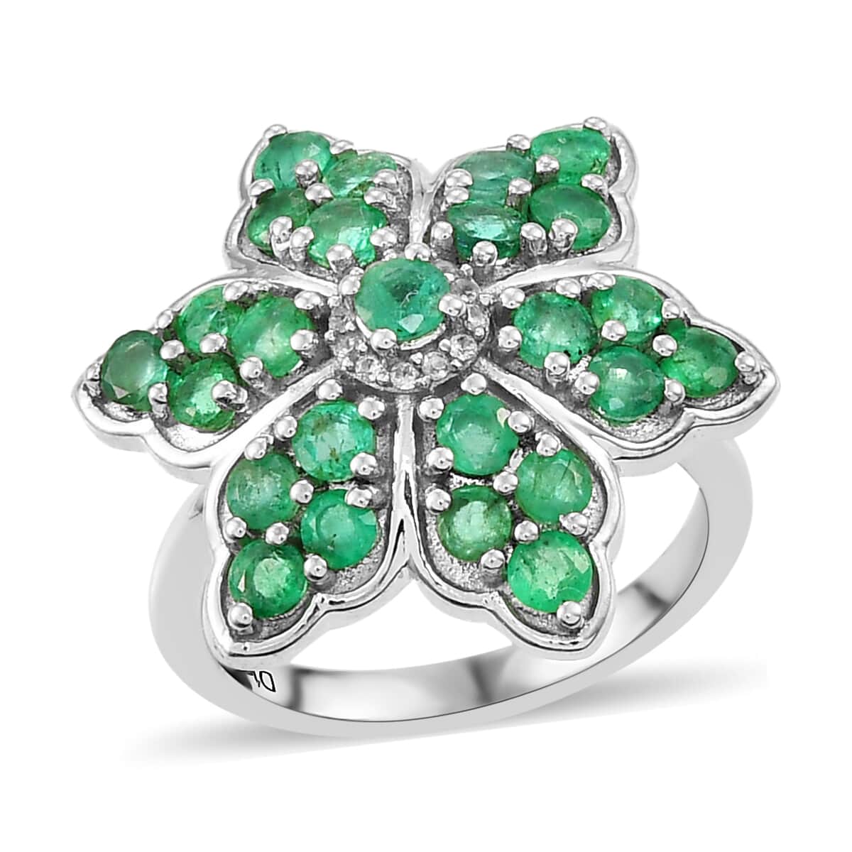 AAA Kagem Zambian Emerald and Natural White Zircon Floral Ring in Platinum Over Sterling Silver (Size 10.0) 1.75 ctw image number 0