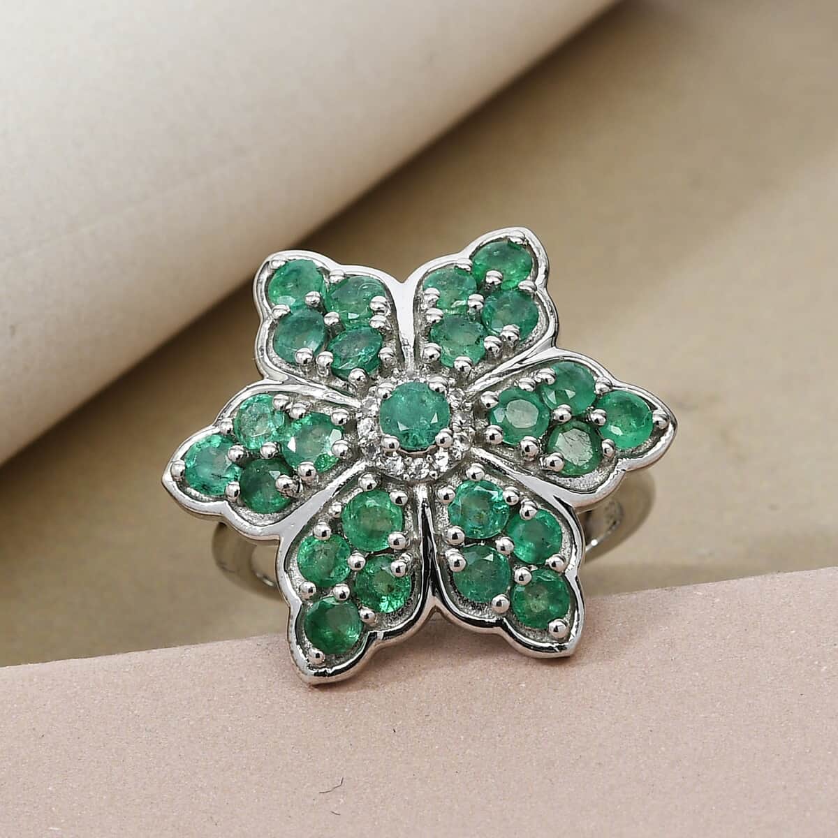 AAA Kagem Zambian Emerald and Natural White Zircon Floral Ring in Platinum Over Sterling Silver (Size 10.0) 1.75 ctw image number 1