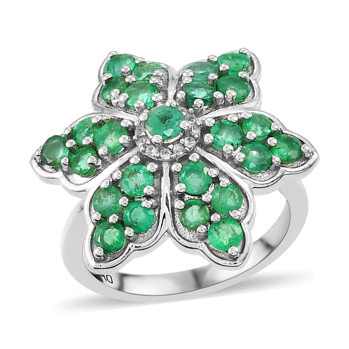 AAA Kagem Zambian Emerald and Natural White Zircon Floral Ring in Platinum Over Sterling Silver (Size 6.0) 1.75 ctw image number 0