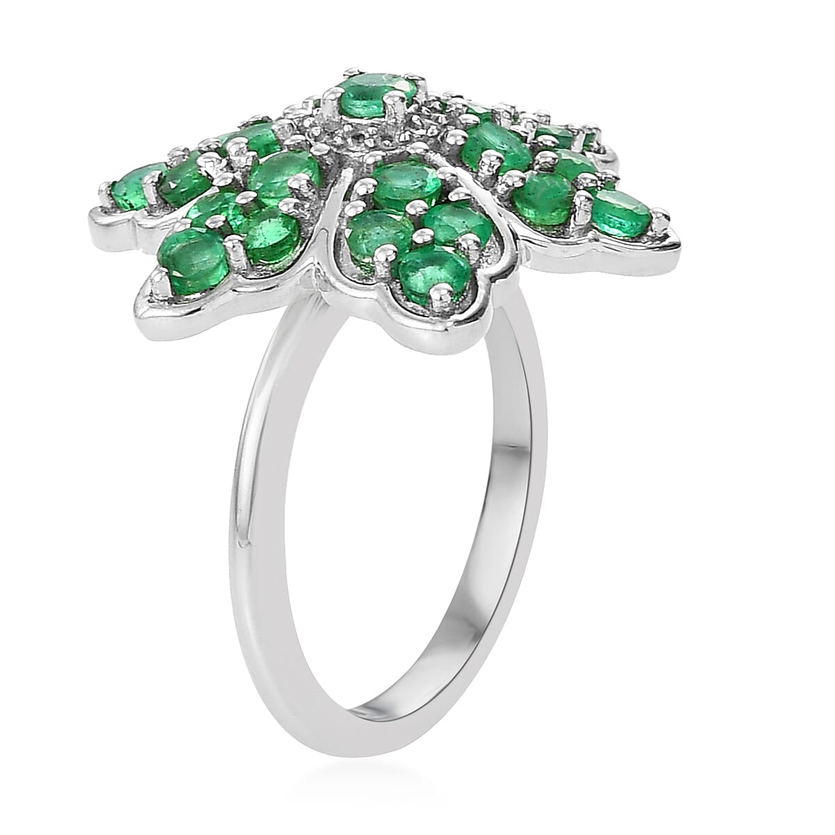 AAA Kagem Zambian Emerald and Natural White Zircon Floral Ring in Platinum Over Sterling Silver (Size 7.0) 1.75 ctw image number 3