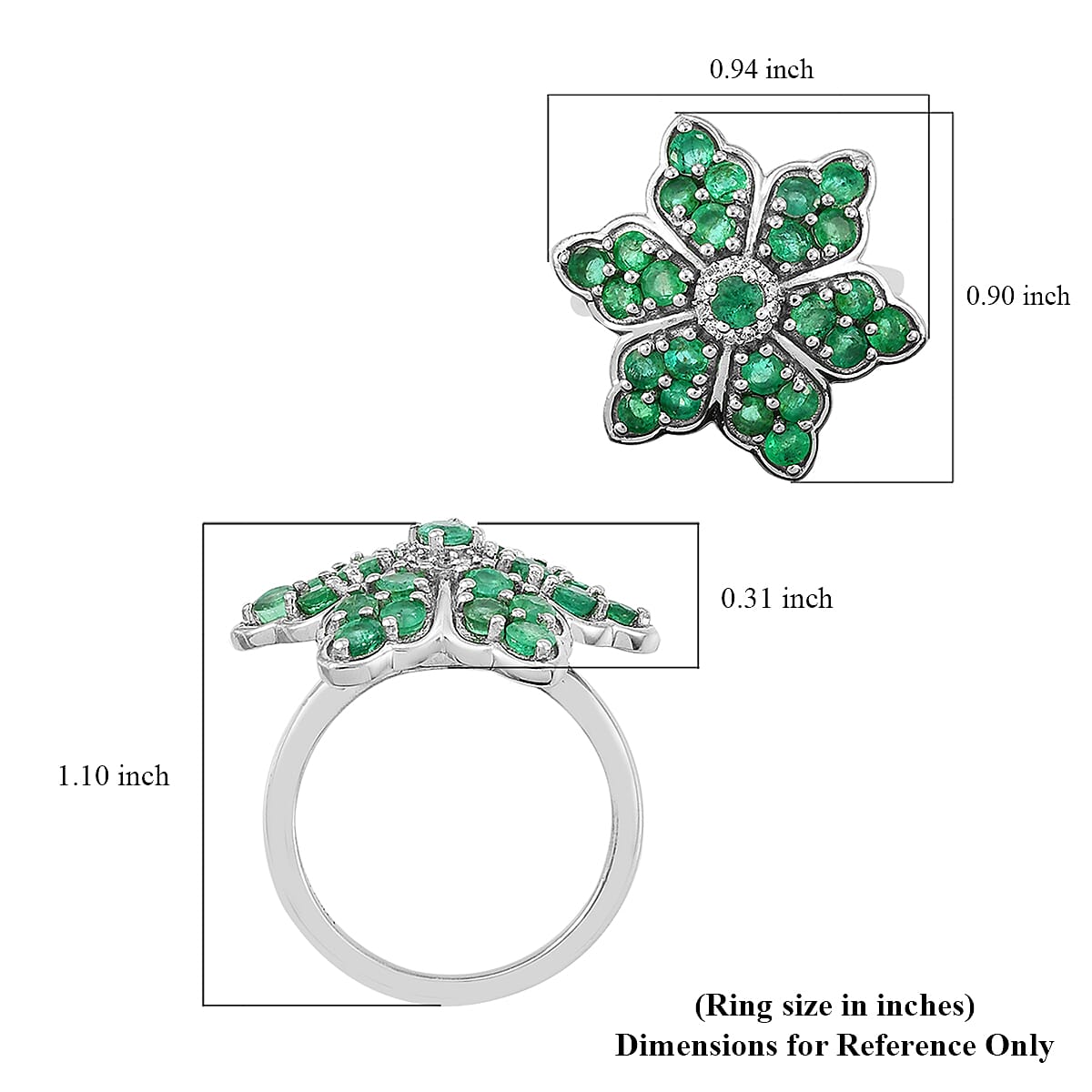AAA Kagem Zambian Emerald and Natural White Zircon Floral Ring in Platinum Over Sterling Silver (Size 7.0) 1.75 ctw image number 5