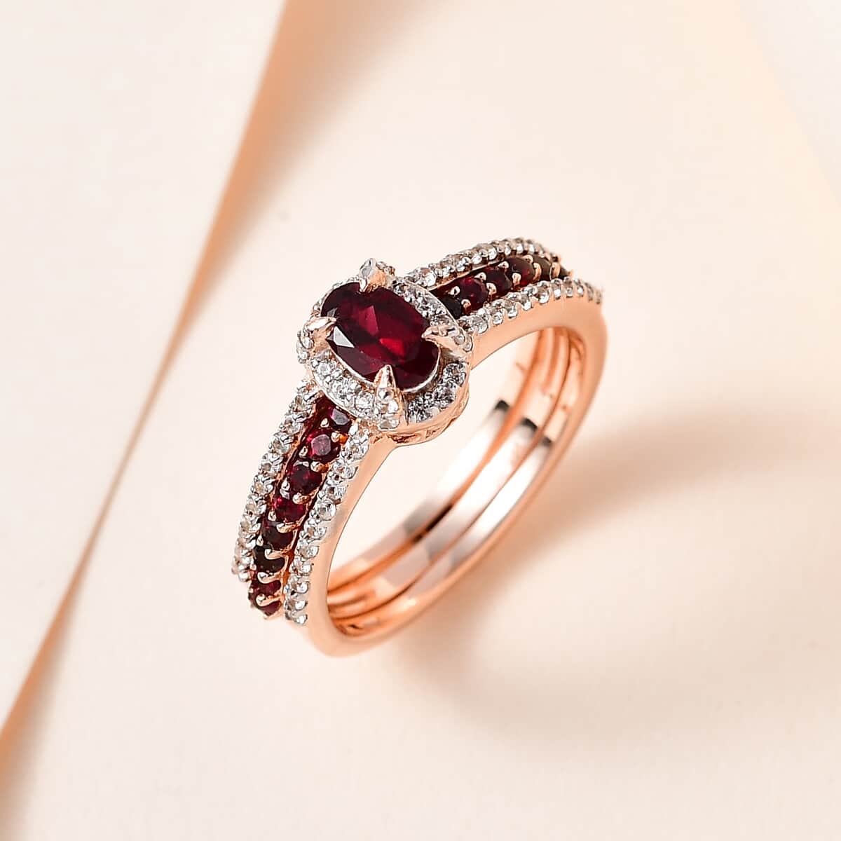 Arizona Anthill Garnet and Natural White Zircon Stackable Ring in Vermeil Rose Gold Over Sterling Silver (Size 8.0) 1.35 ctw image number 1