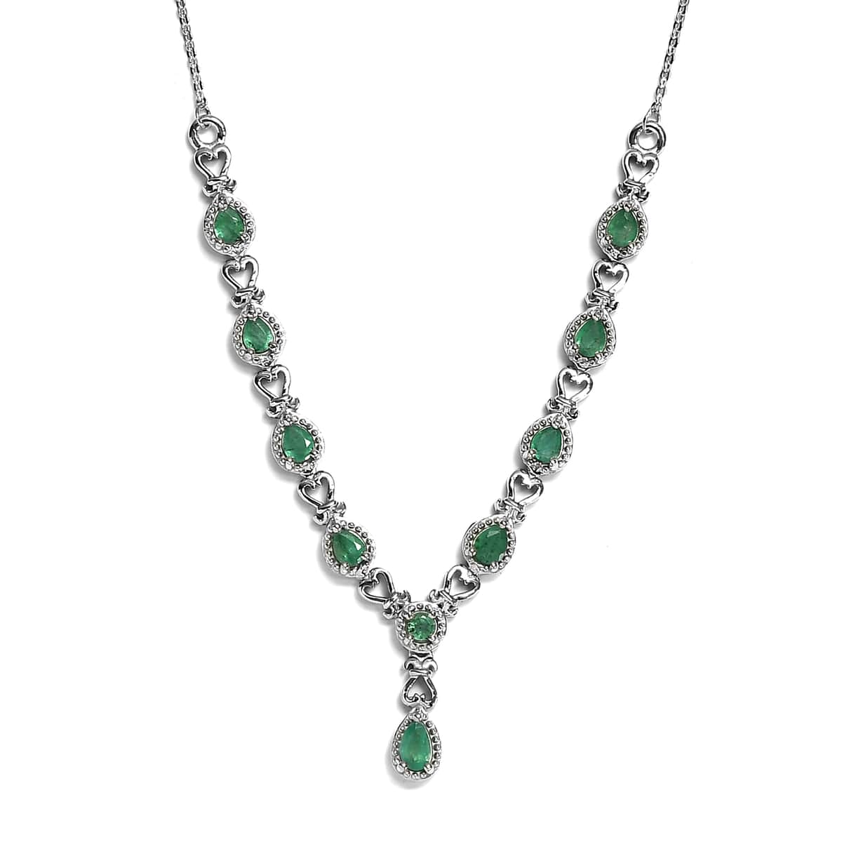 AAA Kagem Zambian Emerald Fancy Necklace 18 Inches in Platinum Over Sterling Silver 1.35 ctw image number 0