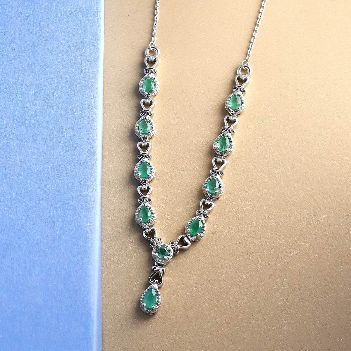 AAA Kagem Zambian Emerald Fancy Necklace 18 Inches in Platinum Over Sterling Silver 1.35 ctw image number 1