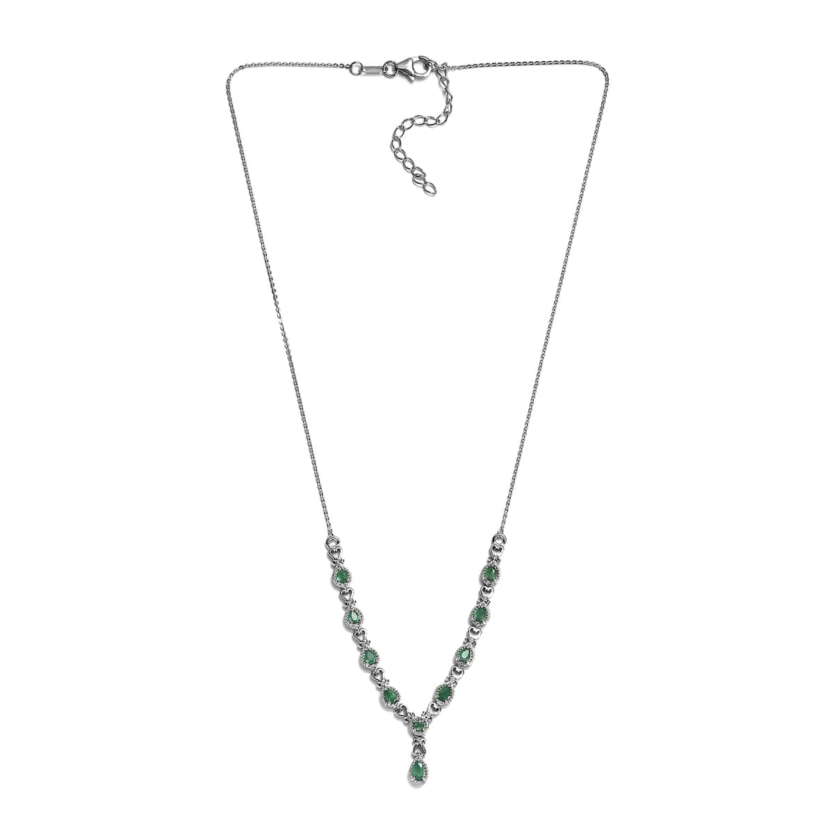 AAA Kagem Zambian Emerald Fancy Necklace 18 Inches in Platinum Over Sterling Silver 1.35 ctw image number 3