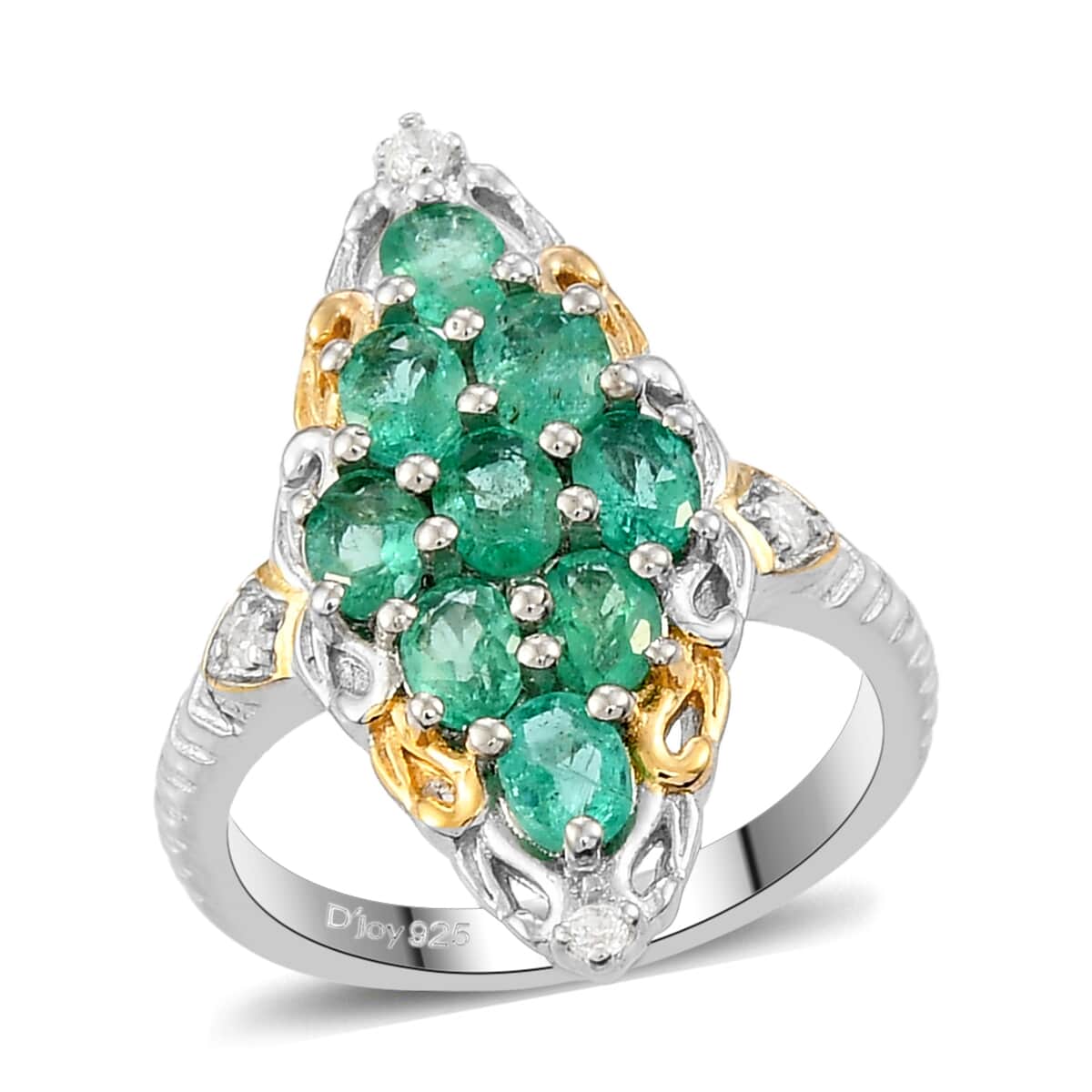 AAA Kagem Zambian Emerald and Natural White Zircon Elongated Ring in Vermeil Yellow Gold and Platinum Over Sterling Silver (Size 8.0) 1.40 ctw image number 0