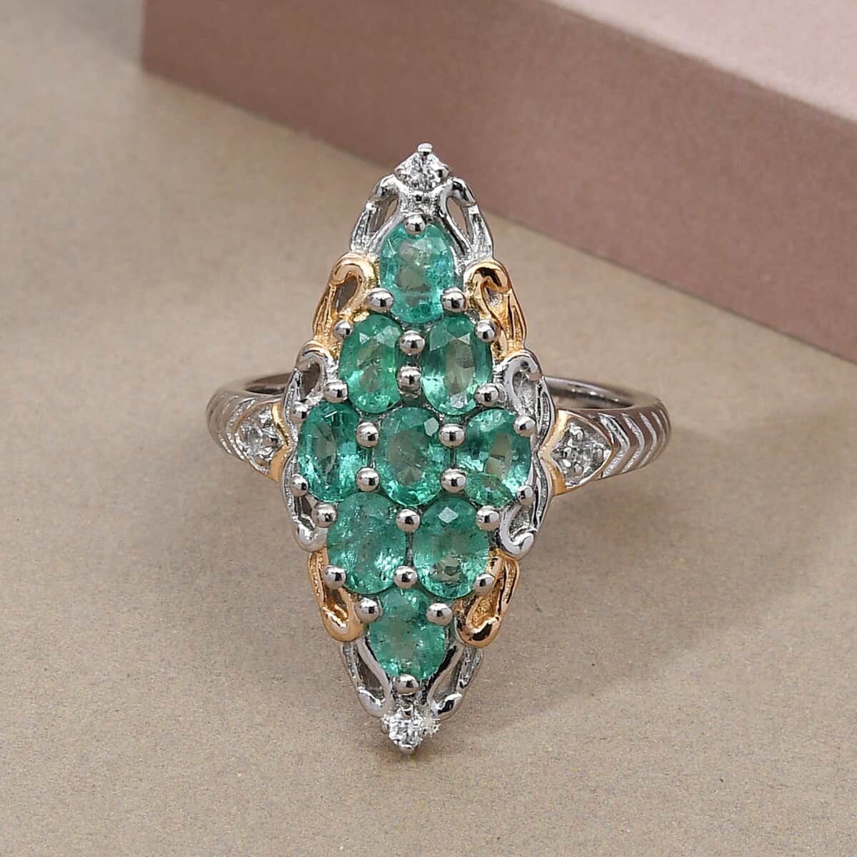 AAA Kagem Zambian Emerald and Natural White Zircon Elongated Ring in Vermeil Yellow Gold and Platinum Over Sterling Silver (Size 8.0) 1.40 ctw image number 1
