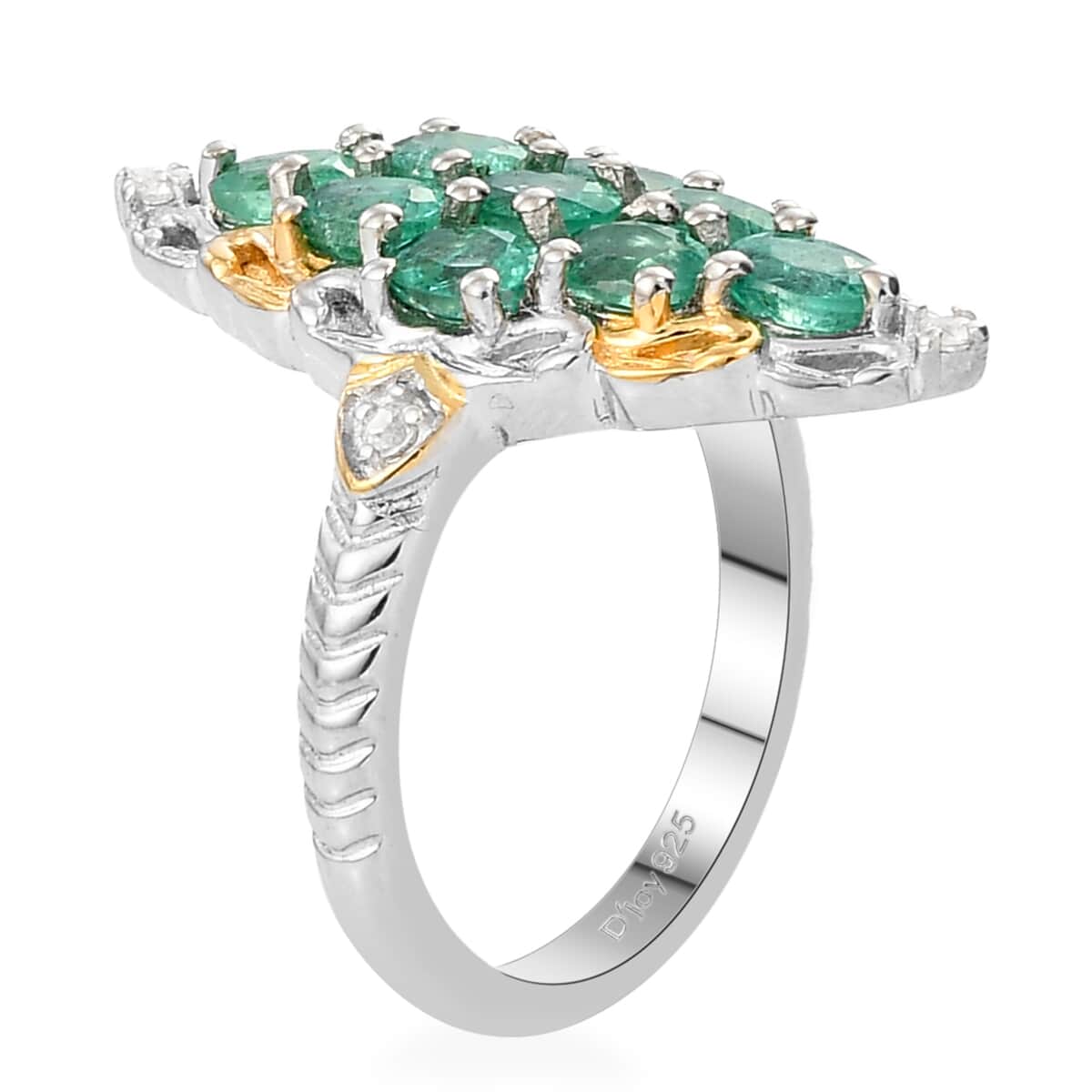 AAA Kagem Zambian Emerald and Natural White Zircon Elongated Ring in Vermeil Yellow Gold and Platinum Over Sterling Silver (Size 8.0) 1.40 ctw image number 3