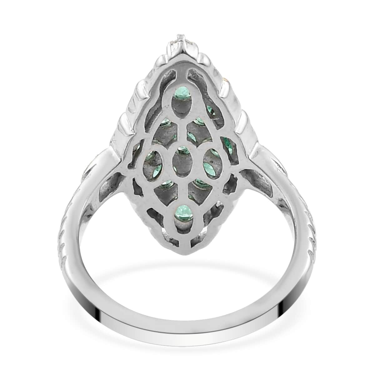 AAA Kagem Zambian Emerald and Natural White Zircon Elongated Ring in Vermeil Yellow Gold and Platinum Over Sterling Silver (Size 8.0) 1.40 ctw image number 4
