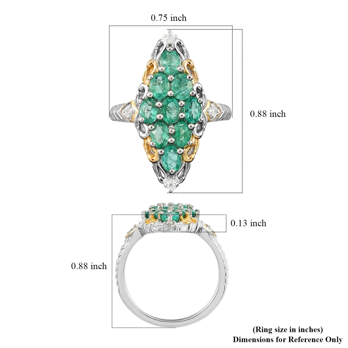AAA Kagem Zambian Emerald and Natural White Zircon Elongated Ring in Vermeil Yellow Gold and Platinum Over Sterling Silver (Size 8.0) 1.40 ctw image number 5