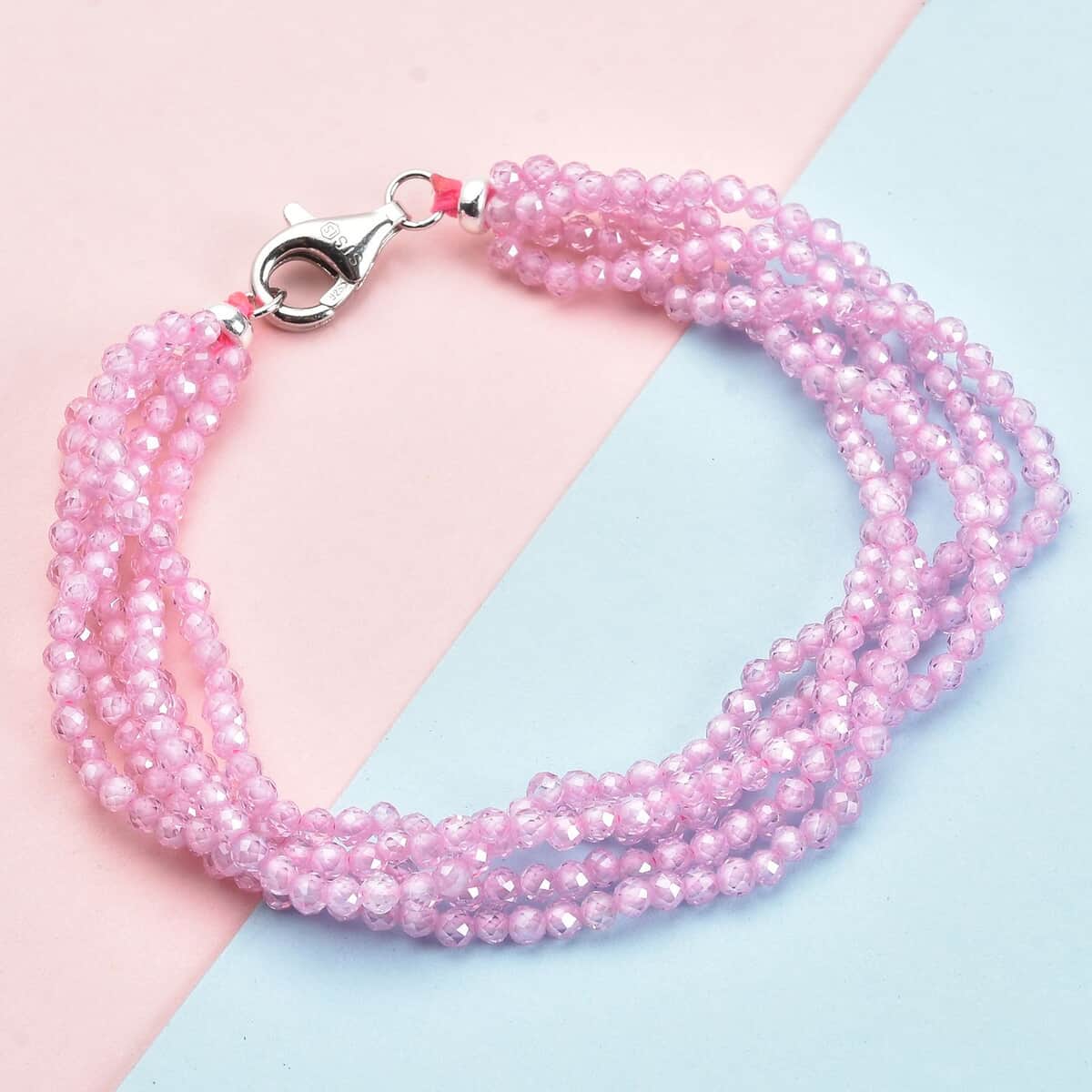 LUSTRO STELLA Finest Pink Color CZ Multi Row Beaded Bracelet with Lobster Clasp in Rhodium Over Sterling Silver (7.25 In) 49.00 ctw image number 1