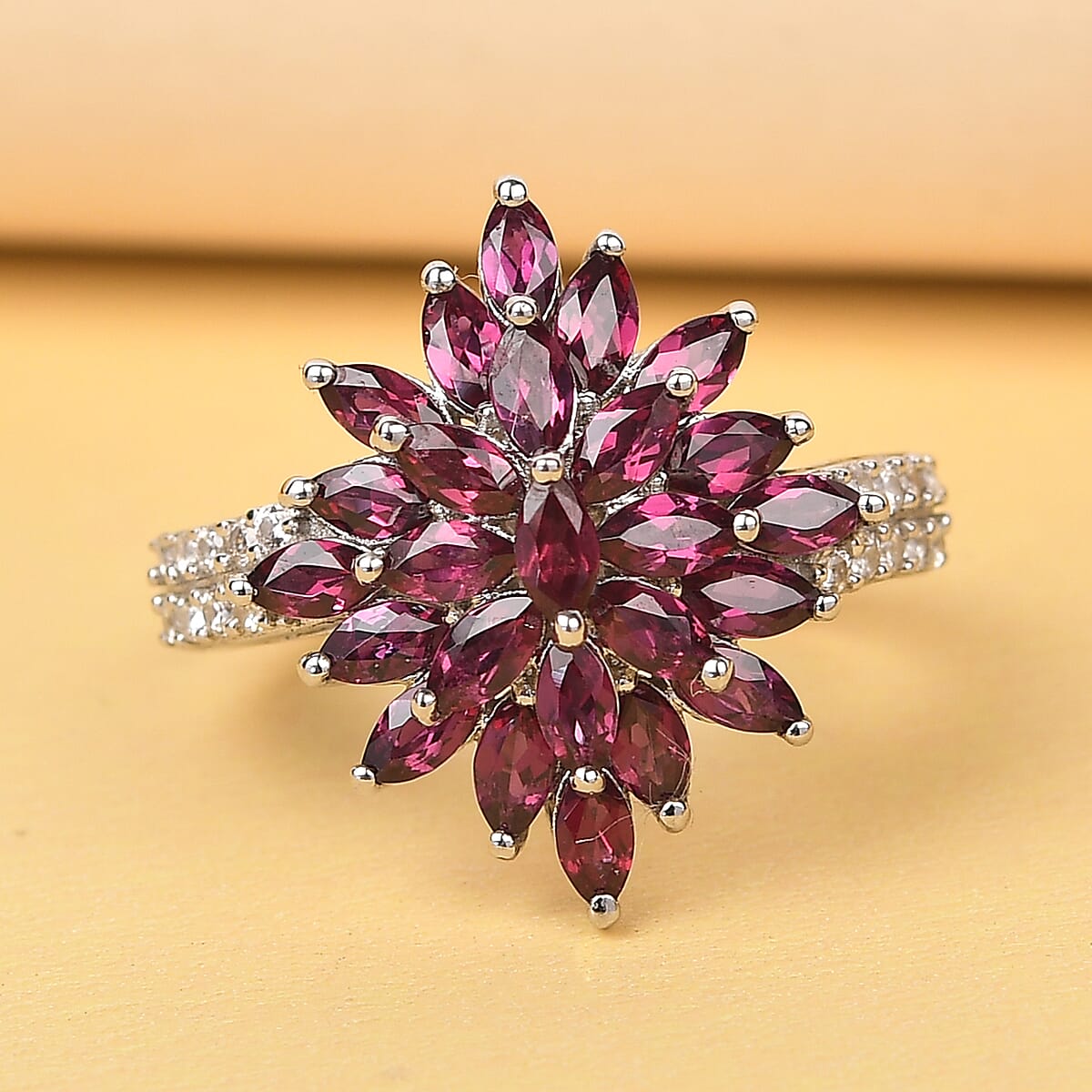 AMERICAN Arizona Anthill Garnet and Natural White Zircon Floral Ring in Platinum Over Sterling Silver (Size 9.0) 2.60 ctw image number 1