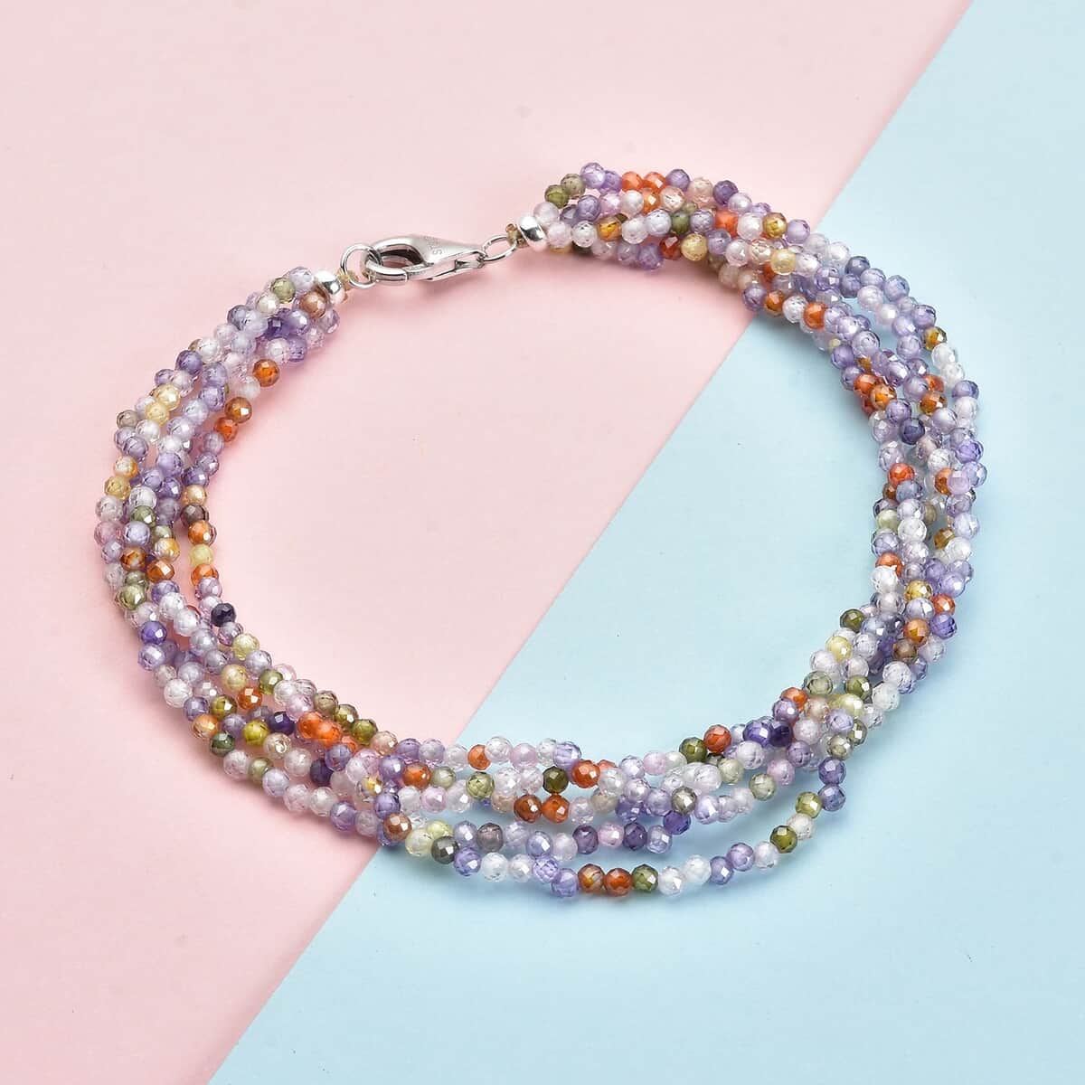 LUSTRO STELLA Finest Multi Color CZ Multi Row Beaded Bracelet with Lobster Clasp in Rhodium Over Sterling Silver (6.50 In) 49.00 ctw image number 1