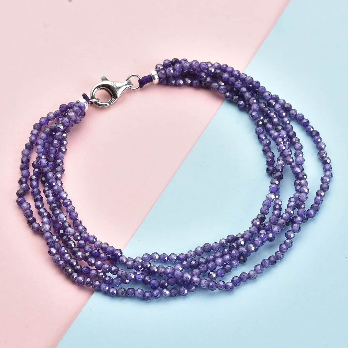 LUSTRO STELLA Finest Amethyst Color CZ Multi Row Beaded Bracelet with Lobster Clasp in Rhodium Over Sterling Silver (8.00 In) 49.00 ctw image number 1