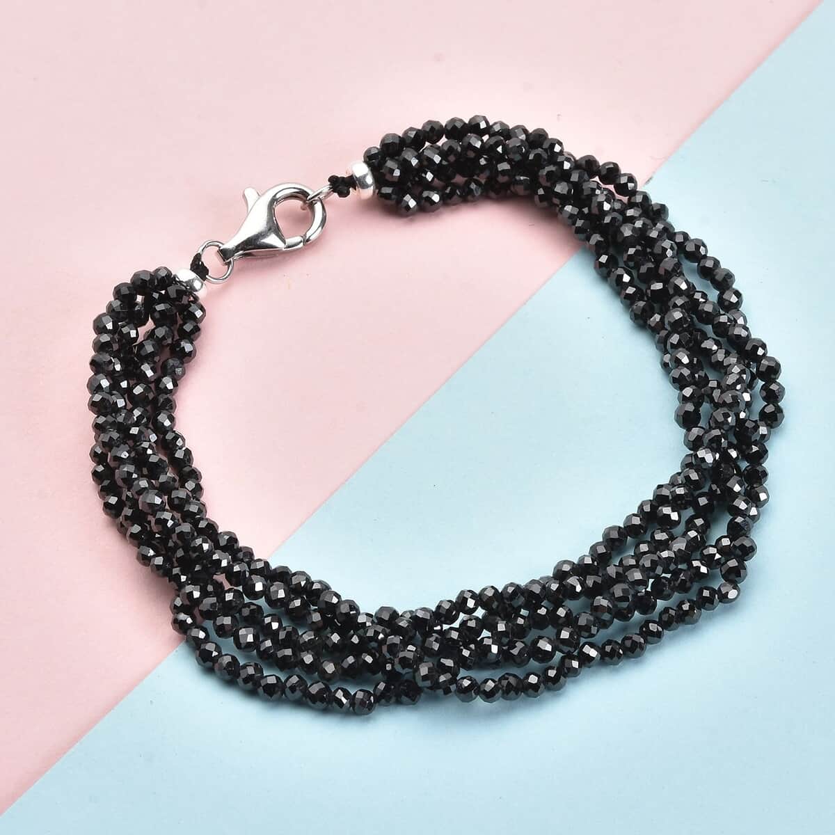 Lustro Stella Finest Black Color CZ Multi Row Beaded Bracelet with Lobster Clasp in Rhodium Over Sterling Silver (7.25 In) 49.00 ctw image number 1