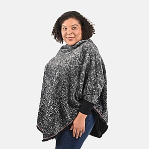 Tamsy Black Faux Fur Scoop Poncho with Lace Border - One Size Fits Most