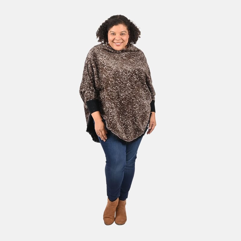 Tamsy Brown Faux Fur Scoop Poncho with Lace Border - One Size Fits Most