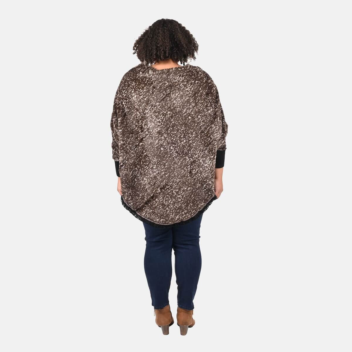 Tamsy Brown Faux Fur Scoop Poncho with Lace Border - One Size Fits Most image number 1