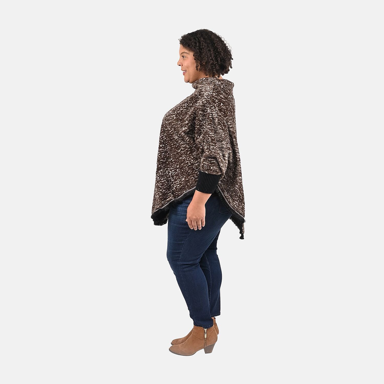 Tamsy Brown Faux Fur Scoop Poncho with Lace Border - One Size Fits Most