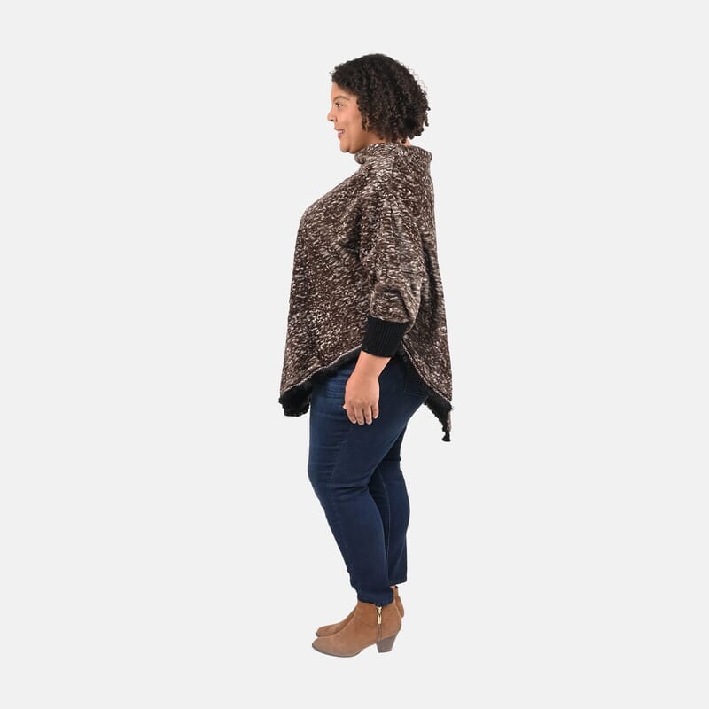 Tamsy Brown Faux Fur Scoop Poncho with Lace Border - One Size Fits Most