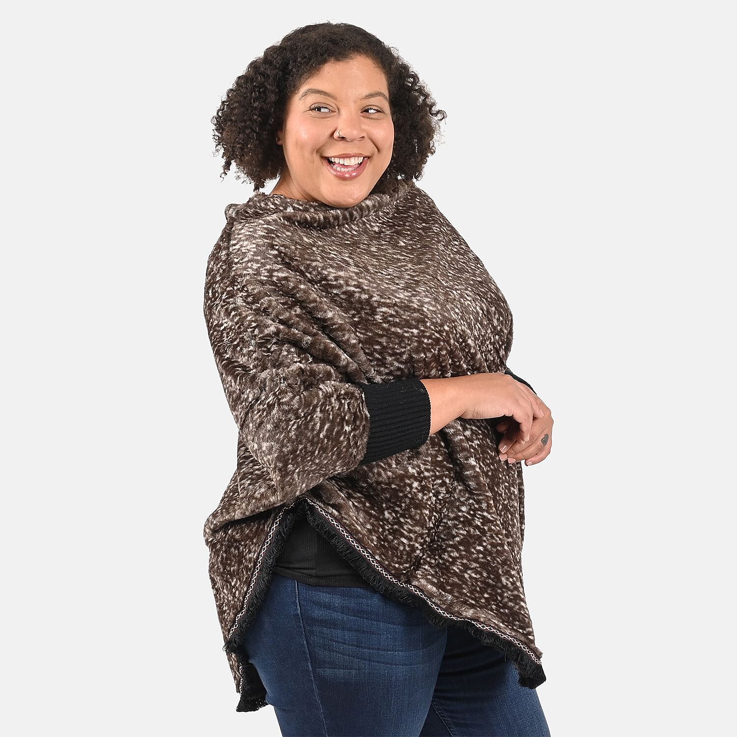 Tamsy Brown Faux Fur Scoop Poncho with Lace Border - One Size Fits Most