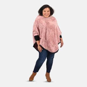 Tamsy Dusty Pink Faux Fur Scoop Poncho with Lace Border - One Size Fits Most