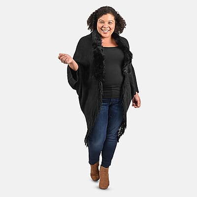 Tamsy Black Trendy and Luxurious Faux Fur Trimmed Kimono with Fringes - One Size Fits Most