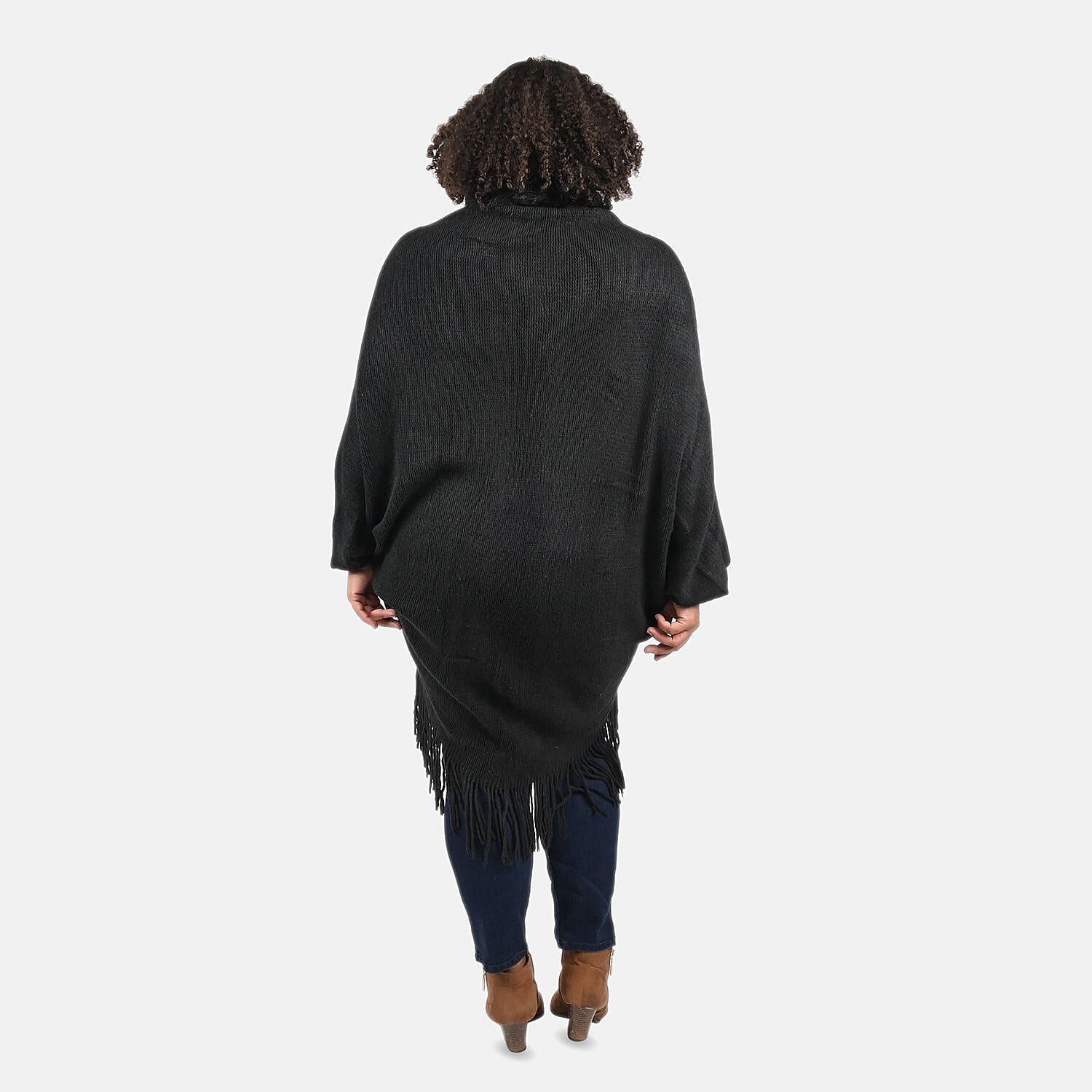 Tamsy Black Trendy and Luxurious Faux Fur Trimmed Kimono with Fringes - One Size Fits Most