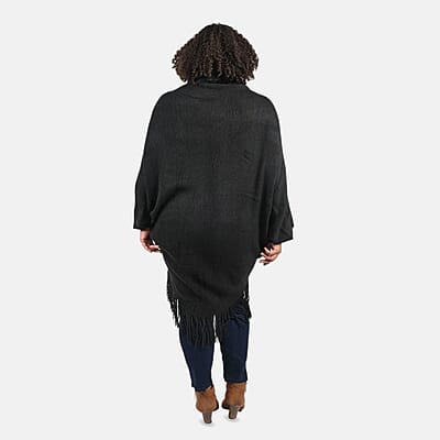 Tamsy Black Trendy and Luxurious Faux Fur Trimmed Kimono with Fringes - One Size Fits Most