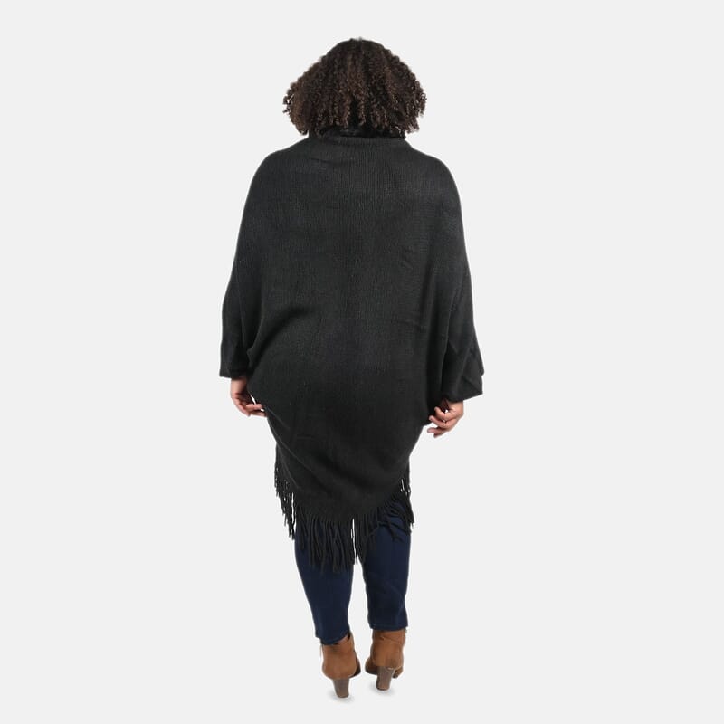 Tamsy Black Trendy and Luxurious Faux Fur Trimmed Kimono with Fringes - One Size Fits Most