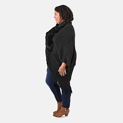 Tamsy Black Trendy and Luxurious Faux Fur Trimmed Kimono with Fringes - One Size Fits Most