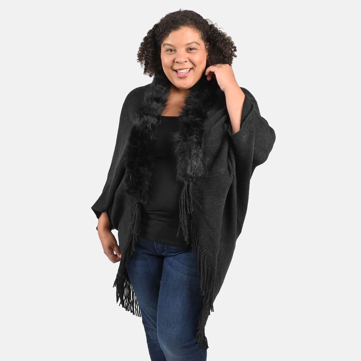 Tamsy Black Trendy and Luxurious Faux Fur Trimmed Kimono with Fringes - One Size Fits Most image number 3