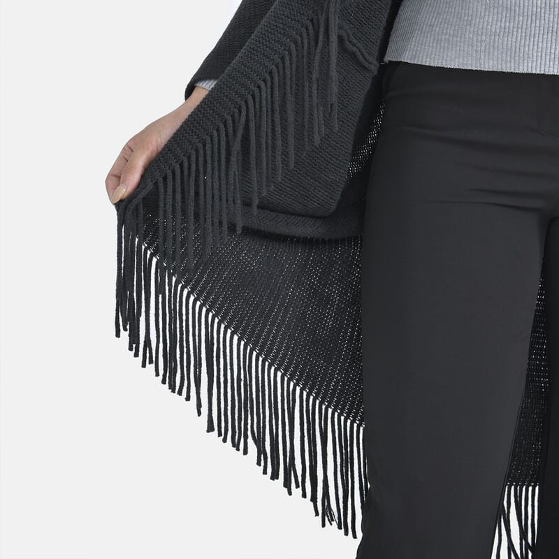 Tamsy Black Trendy and Luxurious Faux Fur Trimmed Kimono with Fringes - One Size Fits Most
