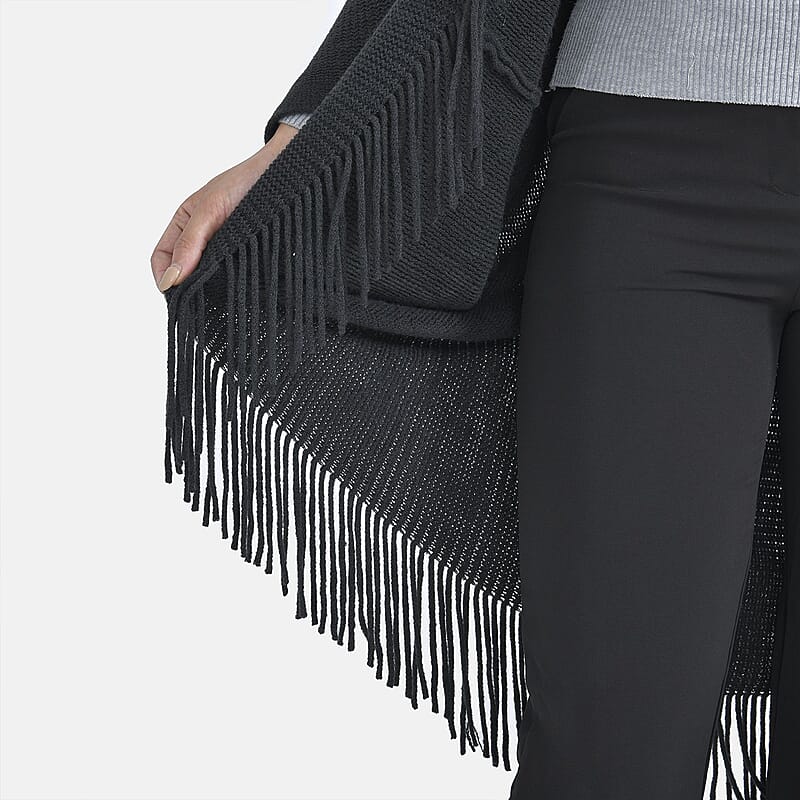 Tamsy Black Trendy and Luxurious Faux Fur Trimmed Kimono with Fringes - One Size Fits Most