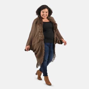 Tamsy Brown Trendy and Luxurious Faux Fur Trimmed Kimono with Fringes - One Size Fits Most