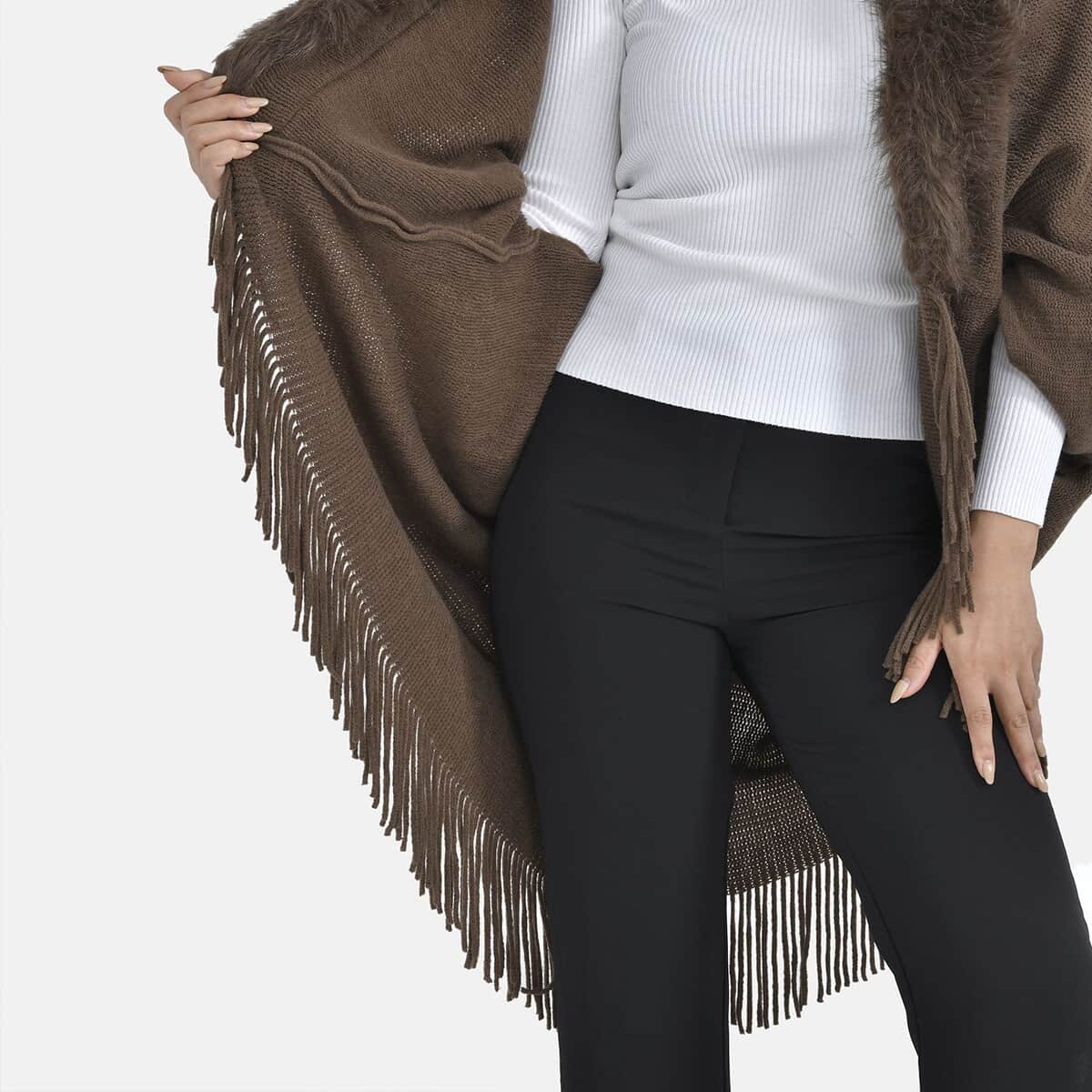 Tamsy Brown Trendy and Luxurious Faux Fur Trimmed Kimono with Fringes - One Size Fits Most image number 6