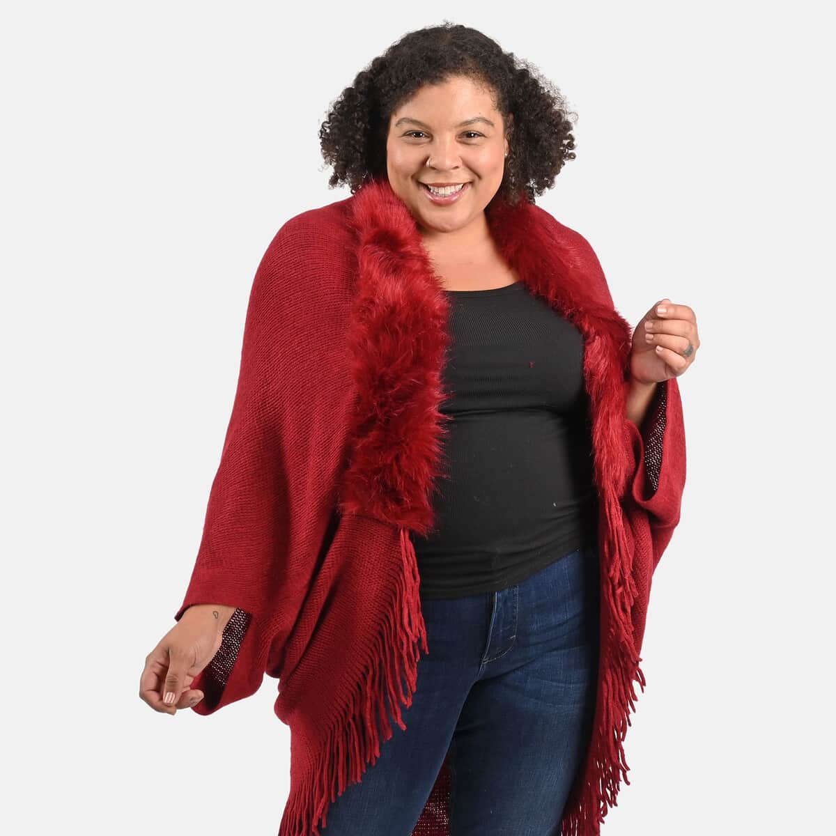 Tamsy Burgundy Trendy and Luxurious Faux Fur Trimmed Kimono with Fringes - One Size Fits Most image number 3