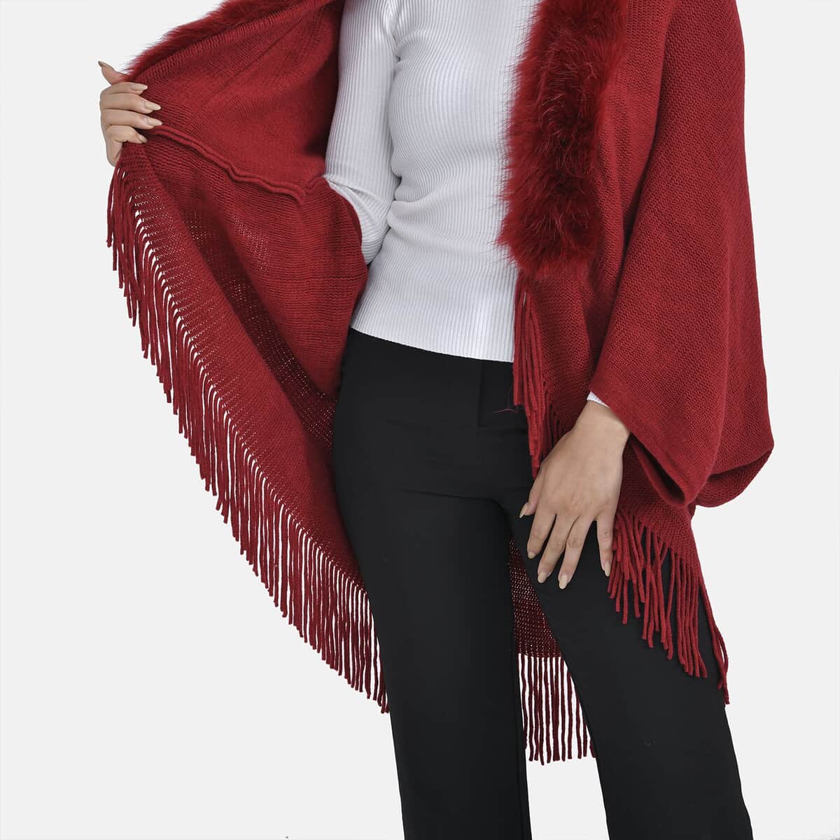 Tamsy Burgundy Trendy and Luxurious Faux Fur Trimmed Kimono with Fringes - One Size Fits Most image number 6