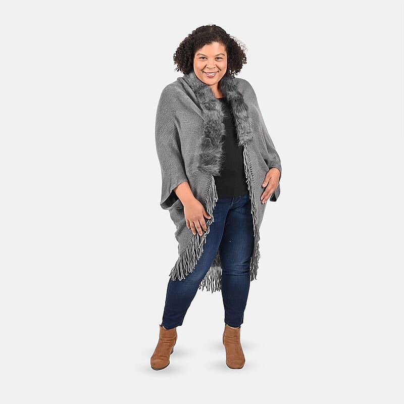 Tamsy Charcoal Trendy and Luxurious Faux Fur Trimmed Kimono with Fringes - One Size Fits Most