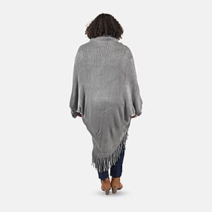Tamsy Charcoal Trendy and Luxurious Faux Fur Trimmed Kimono with Fringes - One Size Fits Most