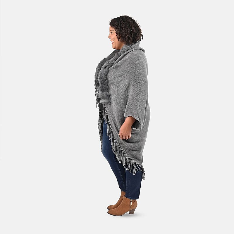 Tamsy Charcoal Trendy and Luxurious Faux Fur Trimmed Kimono with Fringes - One Size Fits Most