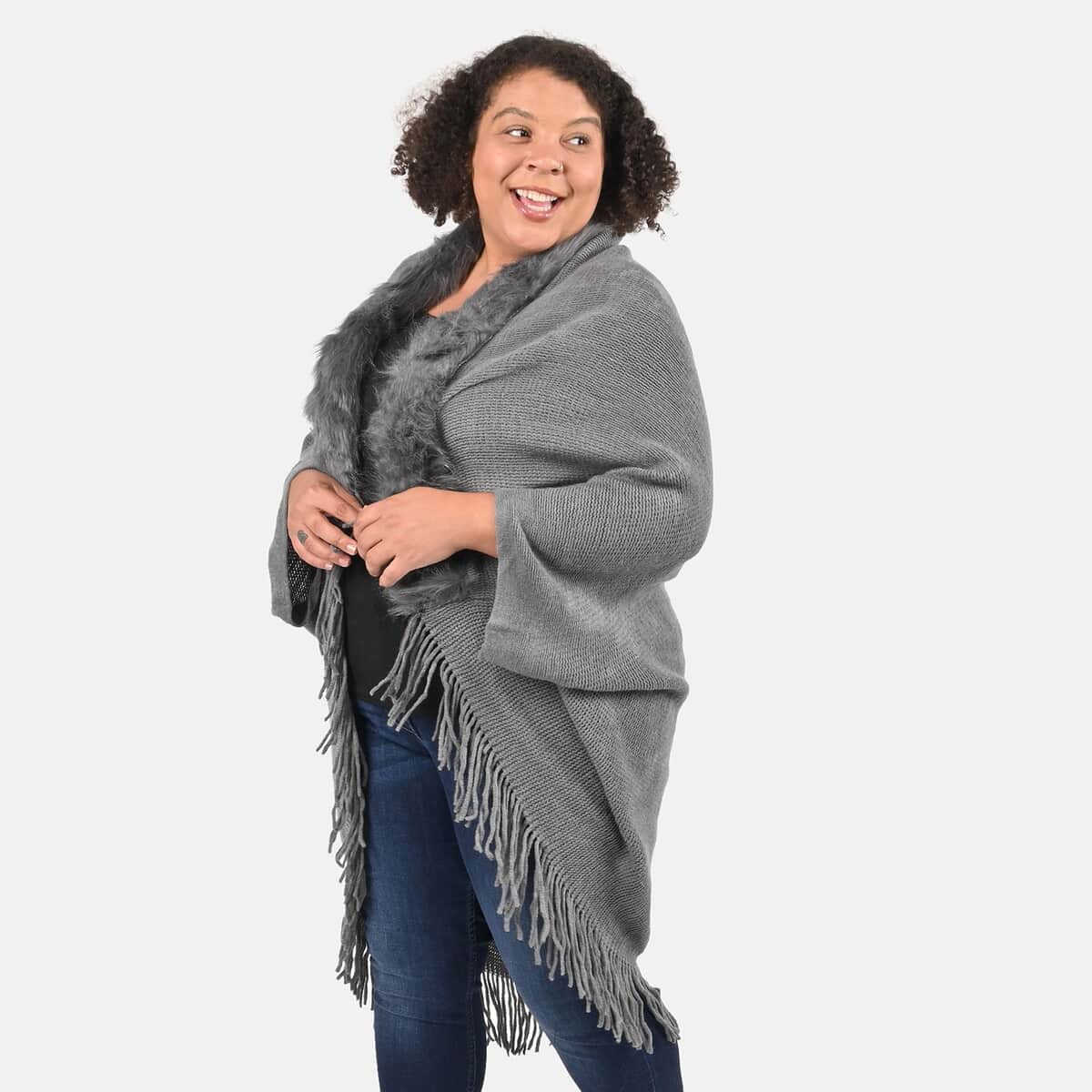 Tamsy Charcoal Trendy and Luxurious Faux Fur Trimmed Kimono with Fringes - One Size Fits Most image number 3