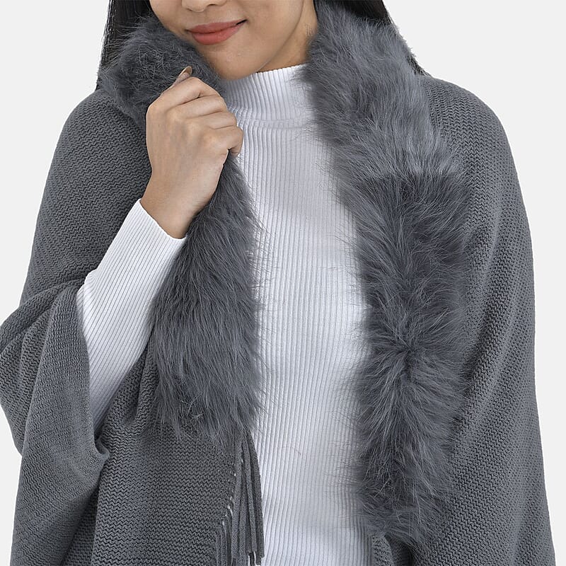 Tamsy Charcoal Trendy and Luxurious Faux Fur Trimmed Kimono with Fringes - One Size Fits Most